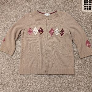Christopher Banks Beige And Pink Argyle Embroidered Cardigan Sweater Size M
